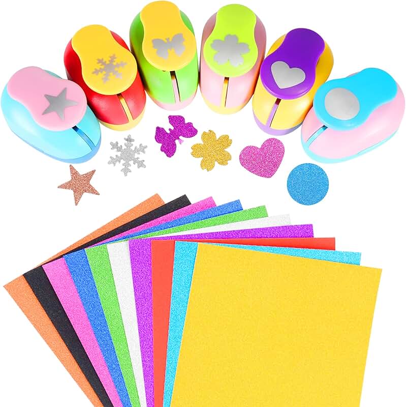 Set of 6 Craft Hole Punches with Glitter Paper for DIY Arts