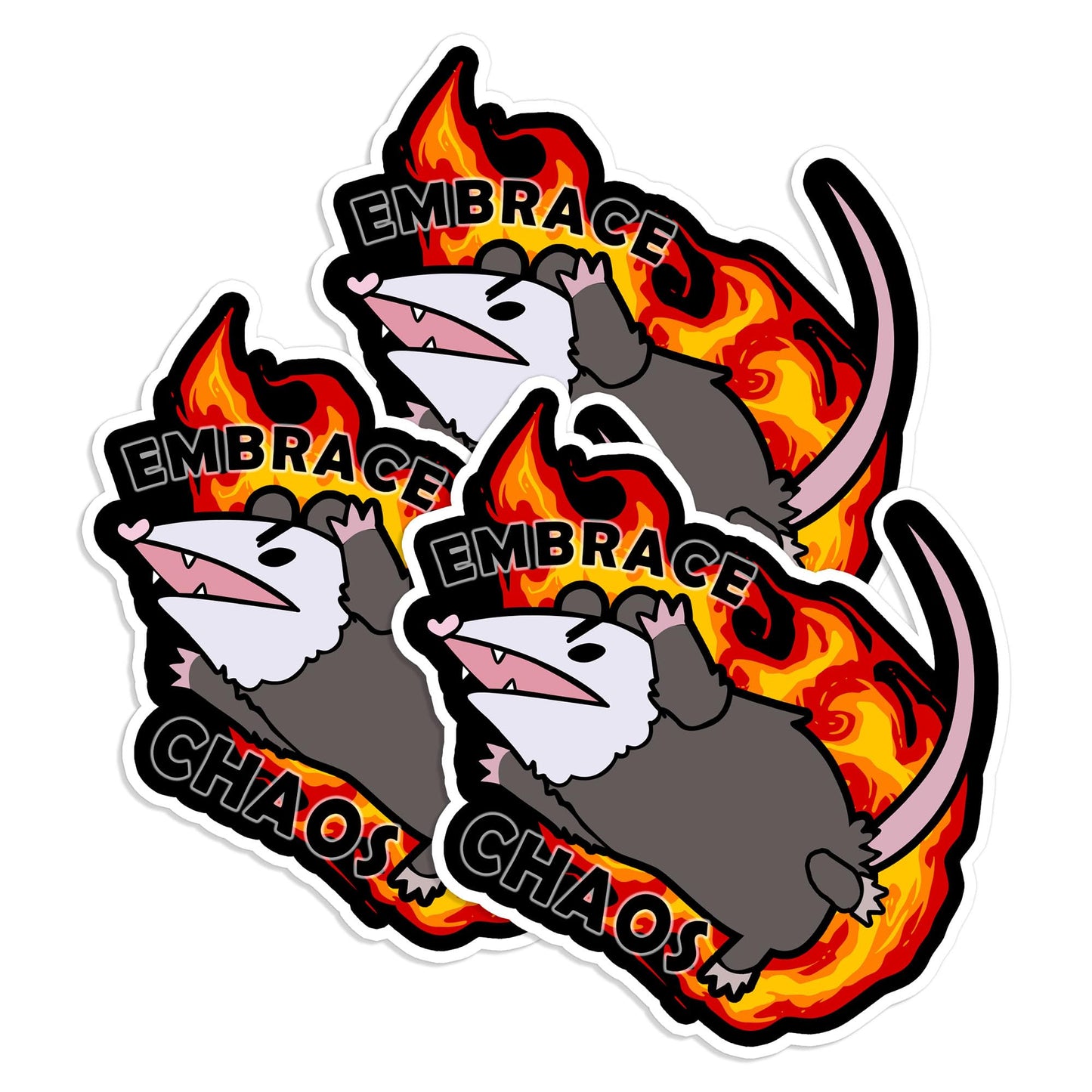Set of 3 funny possum embrace chaos stickers