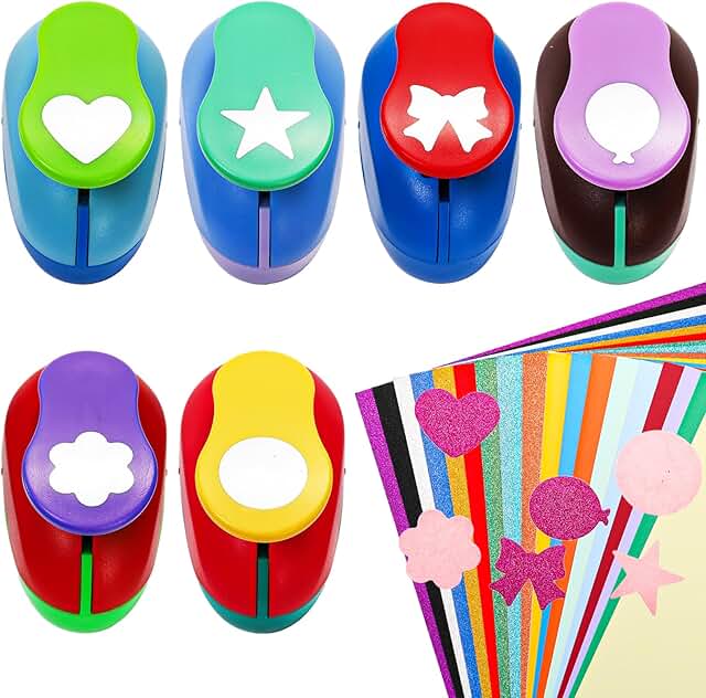 6 Pack Shape Hole Punches for Kids, 1 Inch, Includes Flower, Star, Heart, Butterfly, Balloon, Circle