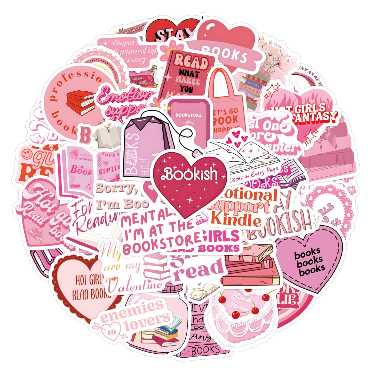 Pink Bookish Stickers for Laptop and Hydro Flask, 50 Pieces