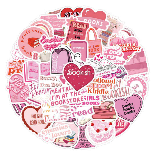 Pink Bookish Stickers for Laptop and Hydro Flask, 50 Pieces