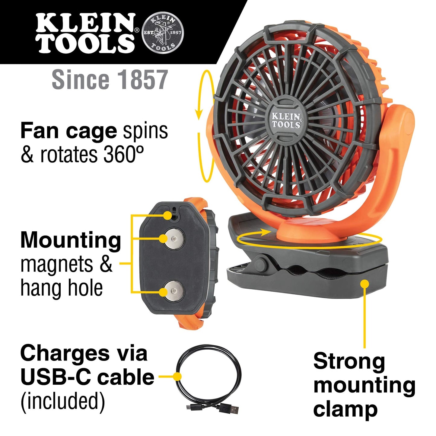 PJSFM1 Cordless Rechargeable Fan with USB-C Charging Cord and Multiple Mounting Options Perfect for the Jobsite
