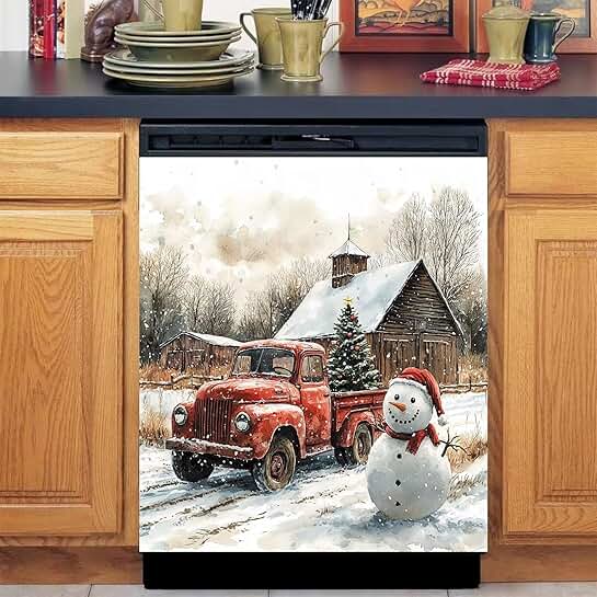 Red Snowy Truck and Snowman Christmas Magnet Cover