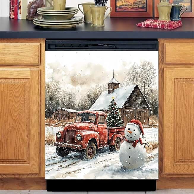 Red Snowy Truck and Snowman Christmas Magnet Cover