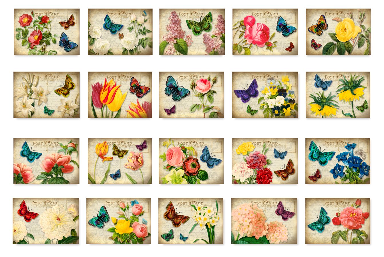 Set of 20 vintage-style floral postcards