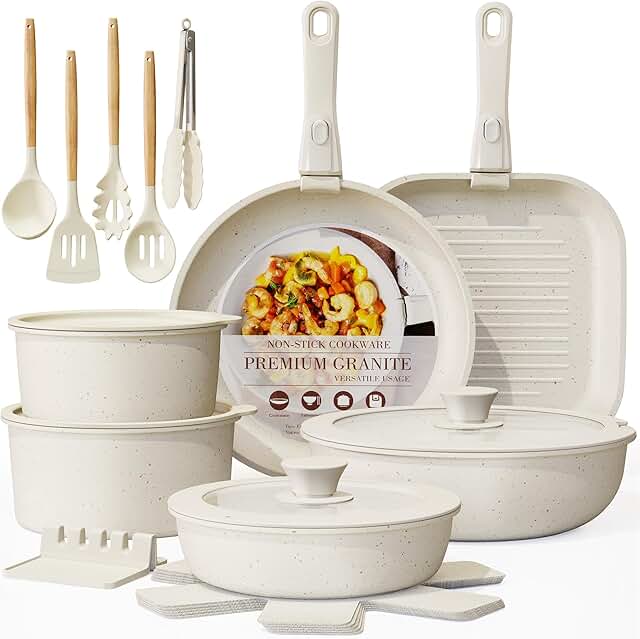 23-Piece Non-Stick Ceramic Cookware Set with Detachable Handles