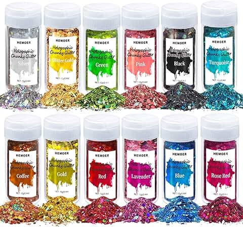 Holographic Chunky Glitter Set, 12 Colors, 0.42oz Bottles