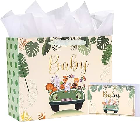 13-inch Sage Green Baby Gift Bag with Tissue and Card