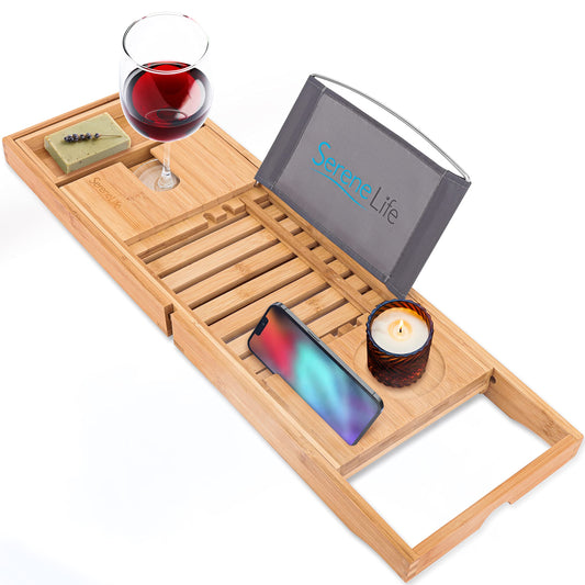 Bamboo Bathtub Caddy Tray  Adjustable Natural Wood Bath Tub Organizer with Wine Holder, Cup Placement, Soap Dish, Book Space  Phone Slot for Spa, Bathroom  Shower  S CAD20