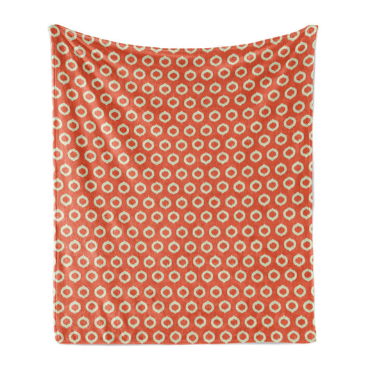 Ikat Soft Flannel Fleece Throw Blanket, Repeating Oval Shapes with Grunge Effect on Orange Backdrop Abstract Vintage, Cozy Plush for Indoor and Outdoor Use, 70" x 90", Orange Yellow
