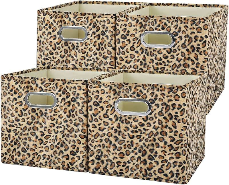 Set of 4 Leopard Print Velvet Storage Bins, 11x11x11