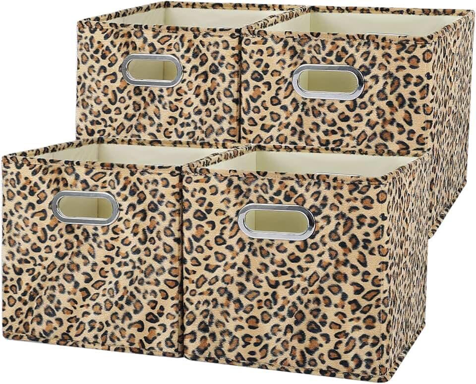 Set of 4 Leopard Print Velvet Storage Bins, 11x11x11