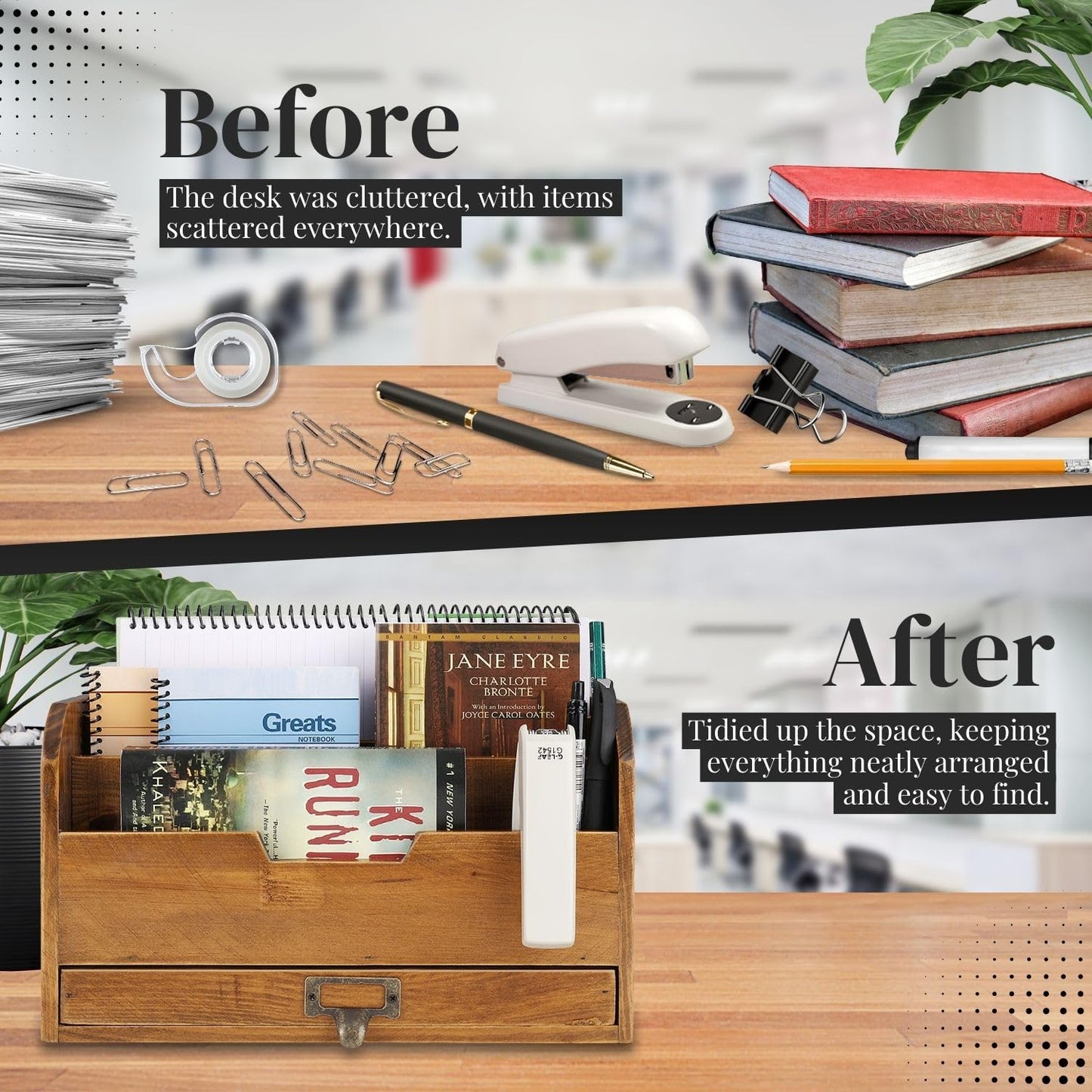 Three-Tier Wooden Desk Organizer with Storage Drawer