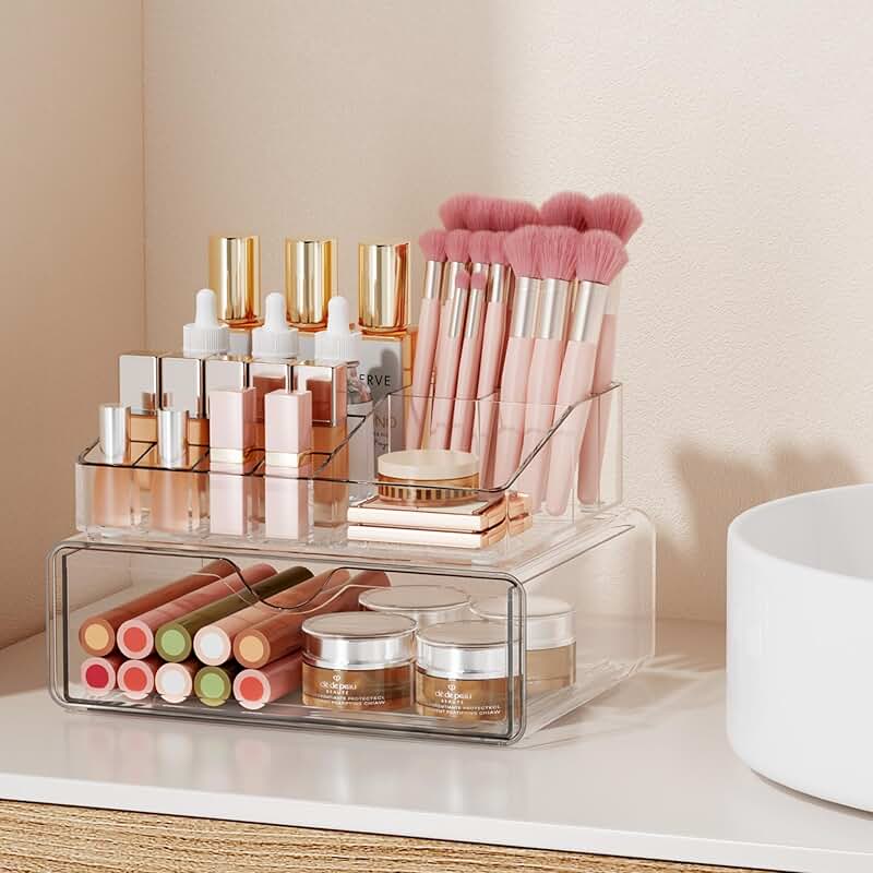 Clear 2-Piece Bathroom Counter Organizer for Makeup and Skincare