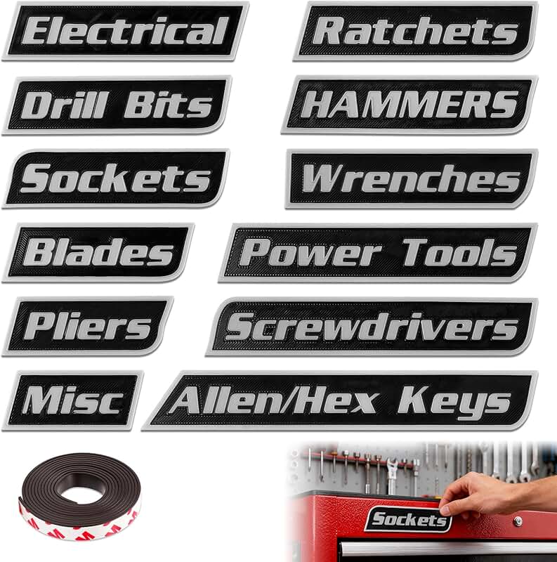 Magnetic 3D Toolbox Labels Set for Steel and Cabinets