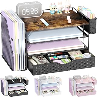 Wood Desk Organizer with File Holder and Drawer