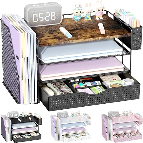 Wood Desk Organizer with File Holder and Drawer
