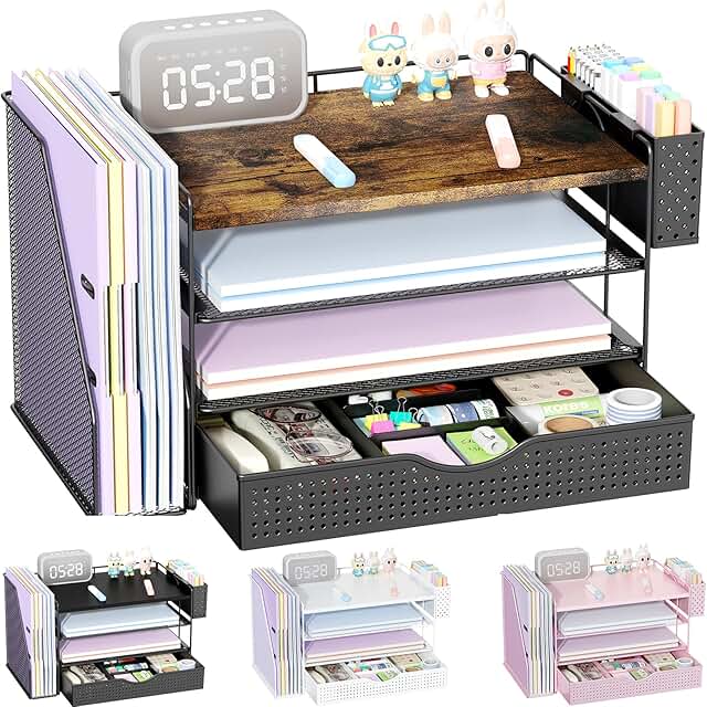 Wood Desk Organizer with File Holder and Drawer