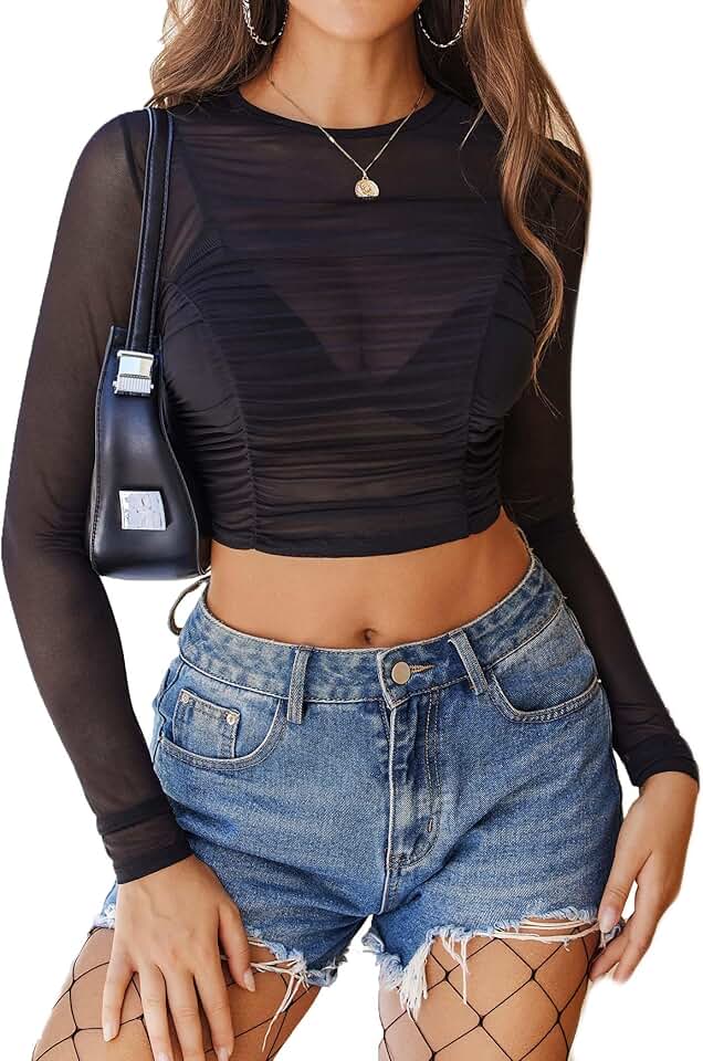 Women's Sheer Mesh Mock Neck Crop Top for Night Out