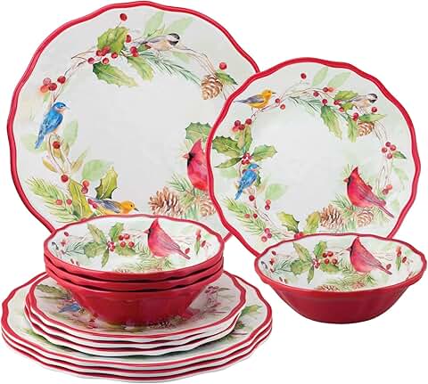 Winter Birds 12-Piece Melamine Dinnerware Set for Four