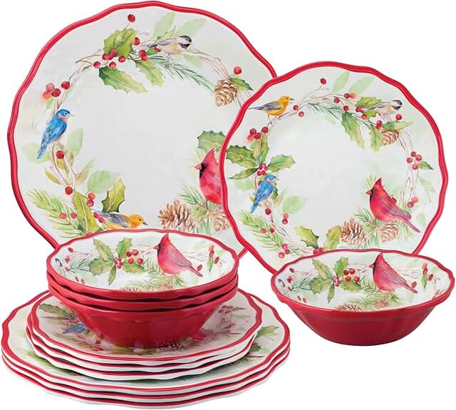 Winter Birds 12-Piece Melamine Dinnerware Set for Four
