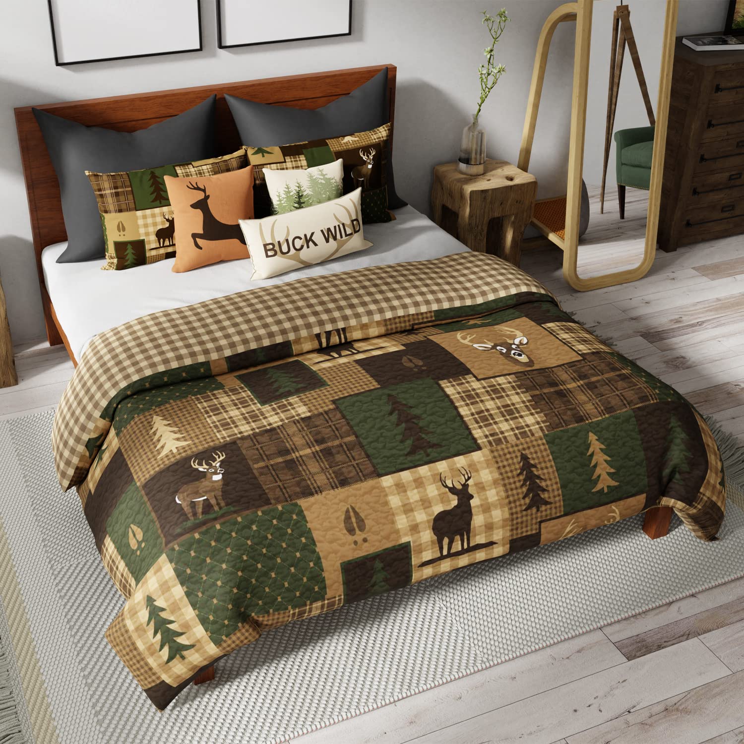 Full  Queen Bedding Set  3 Piece  Green Forest by  Lodge Quilt Set with Full/Queen Quilt and Two Standard Pillow Shams  Fits Queen Size and Full Size Beds  Machine Washable