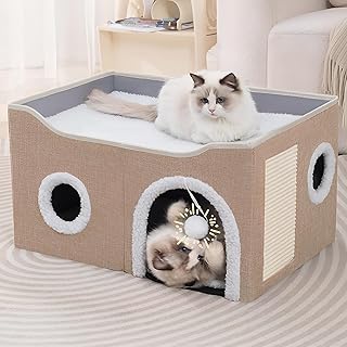 Large Indoor Cat House with Scratch Pad and Cushion