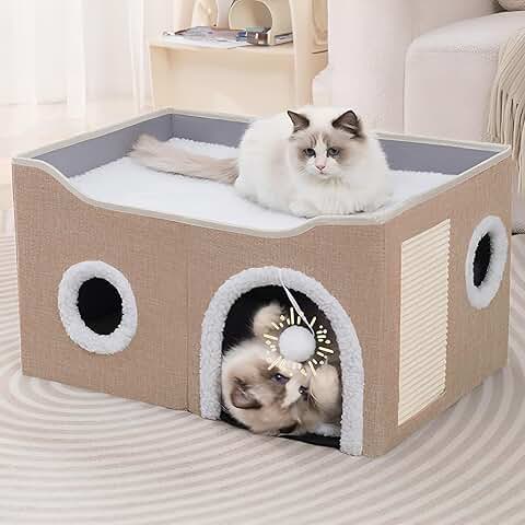 Large Indoor Cat House with Scratch Pad and Cushion