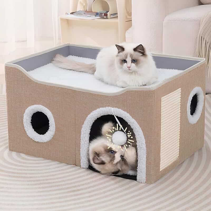 Large Indoor Cat House with Scratch Pad and Cushion