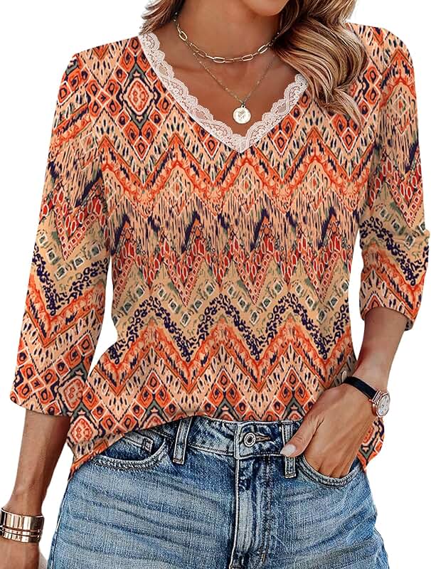 Women's 3/4 Sleeve Lace V-Neck Loose Fit Top