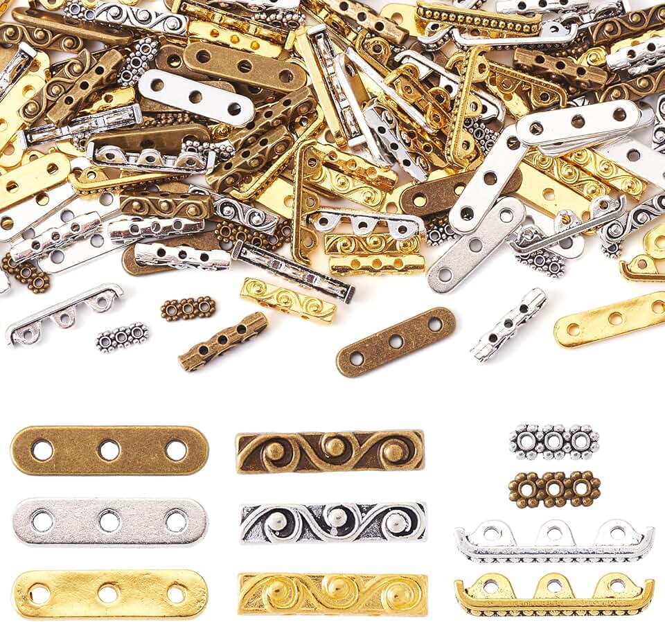 150 Pcs Mixed Tibetan 3-Hole Rectangle Spacer Beads
