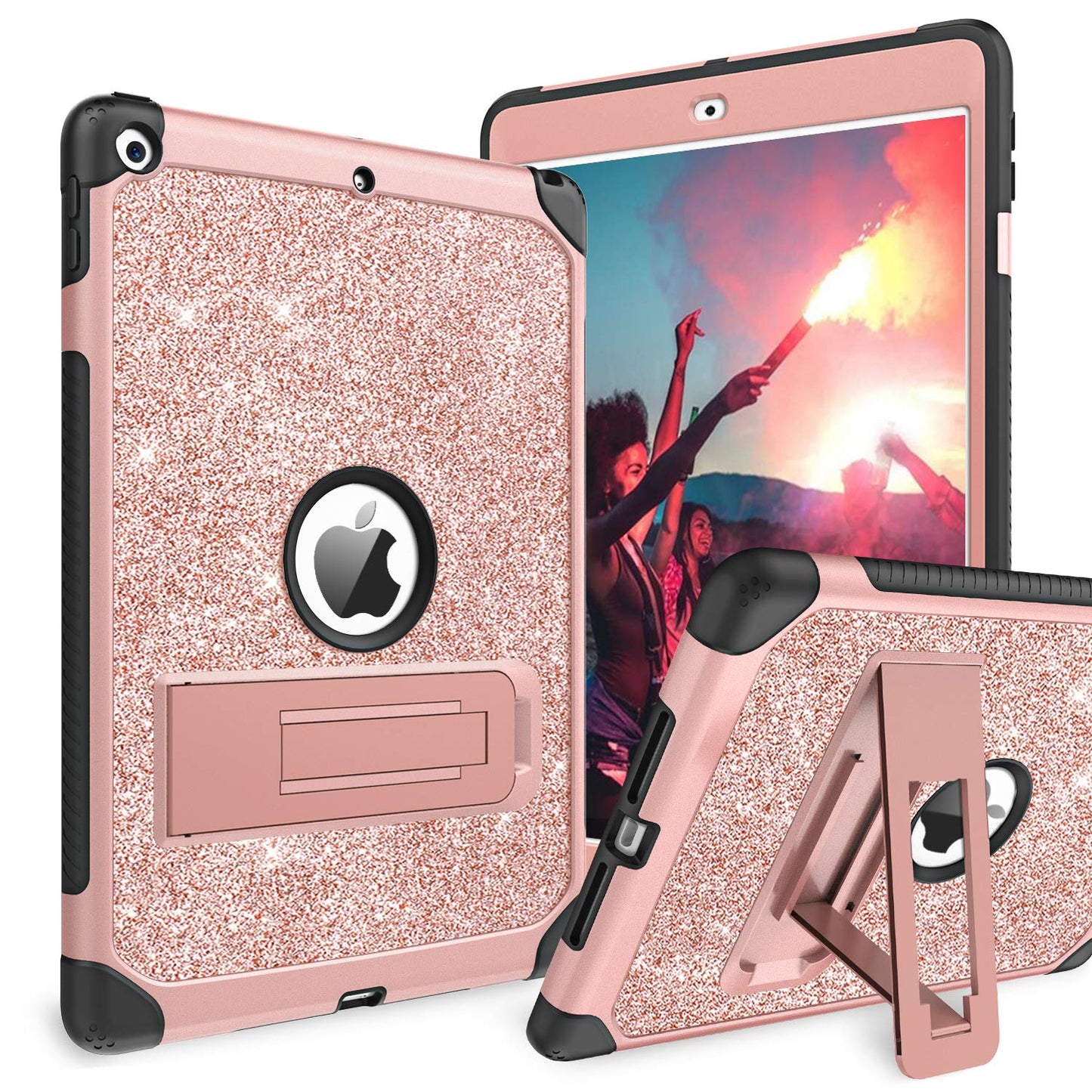 iPad 9th Generation Case, iPad 8th Generation Case, iPad 7th Generation Case, iPad 10.2 2021/2020/2019 Case, Glitter Sparkly 3 Layers Shockproof Kickstand Protective Tablet Cover, Rose Gold