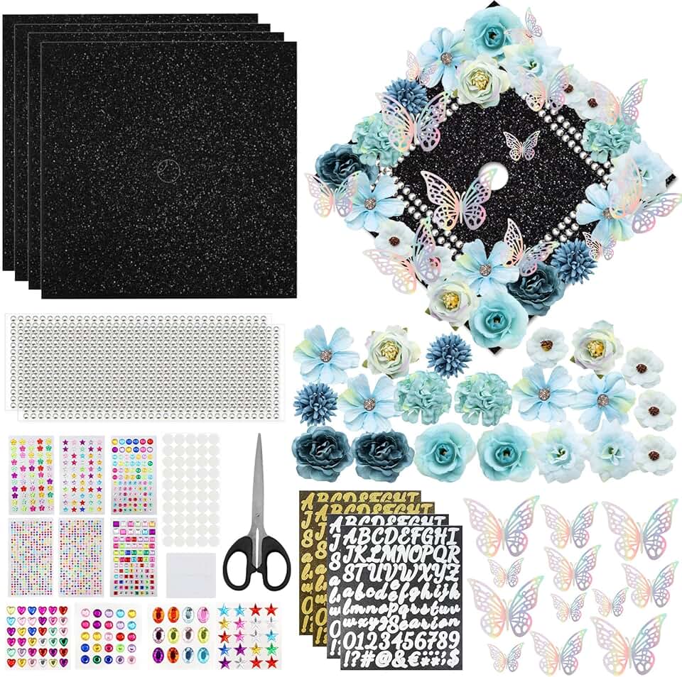 Graduation Cap Decorations Kit with Glitter, Flowers, Rhinestones