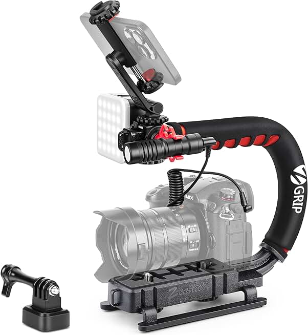 Handheld Camera Stabilizer with LED Light and Microphone