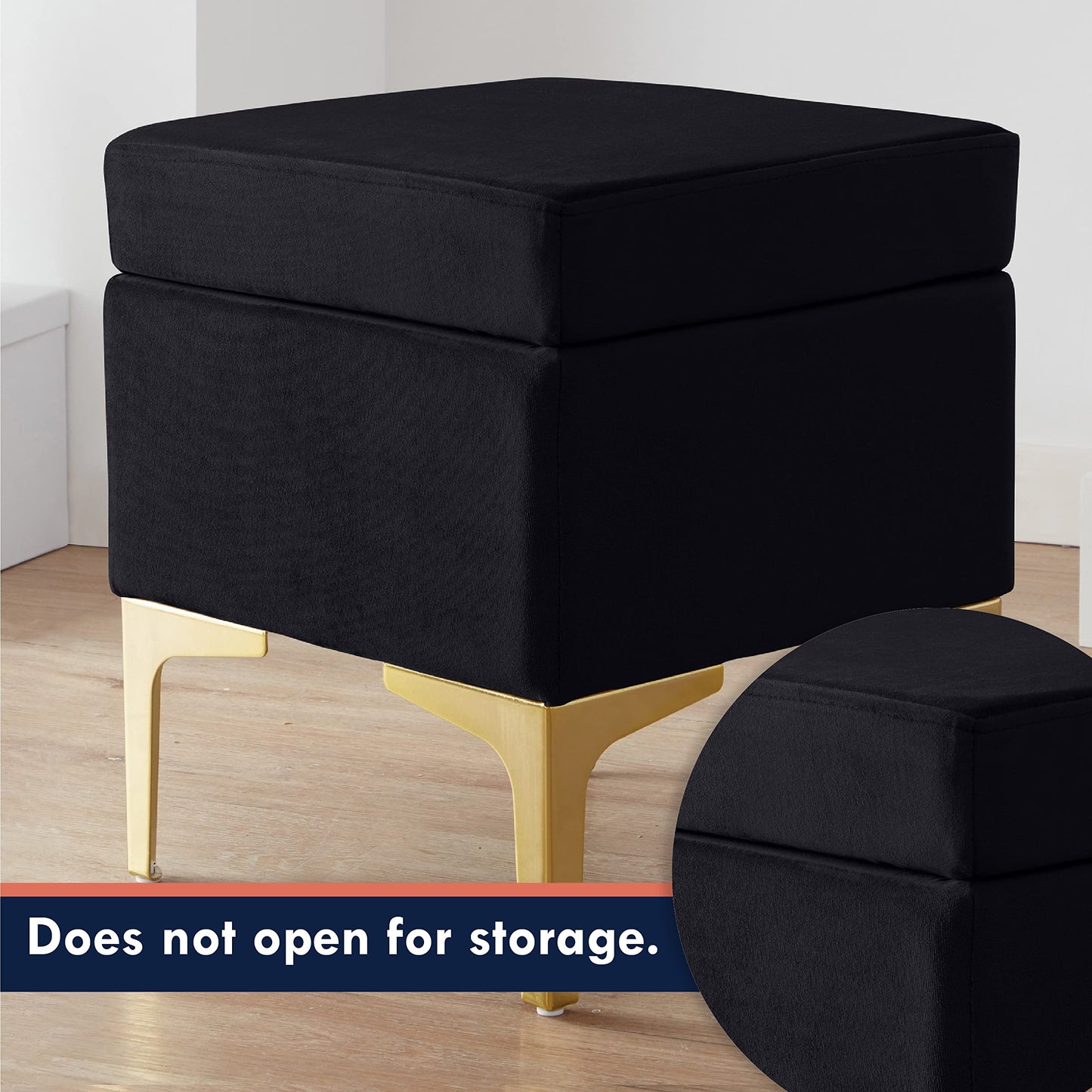 Madison Modern Cont rary Square Upholstered Velvet Ottoman  Vanity Chair  Gold Metal Legs  Black