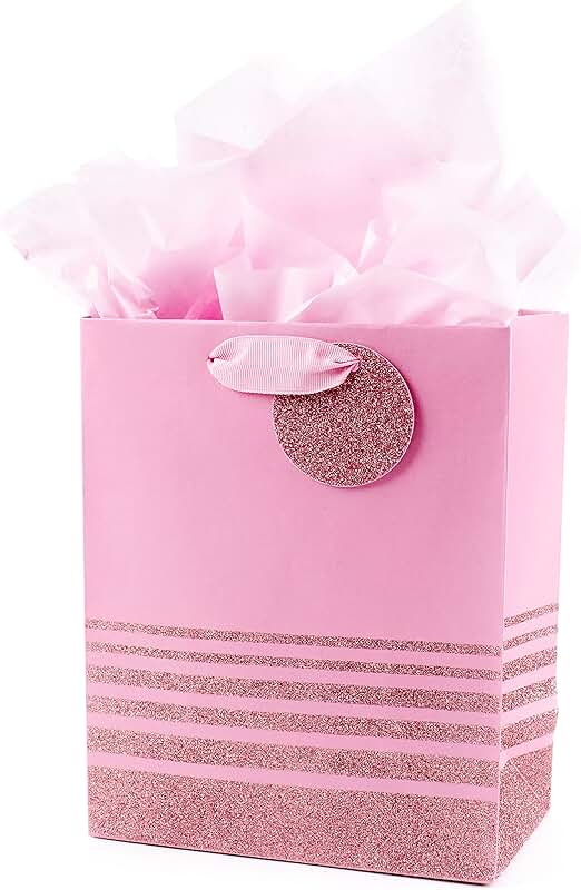 9-inch pink glitter gift bag with tissue paper