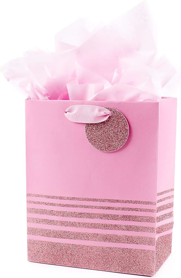 9-inch pink glitter gift bag with tissue paper