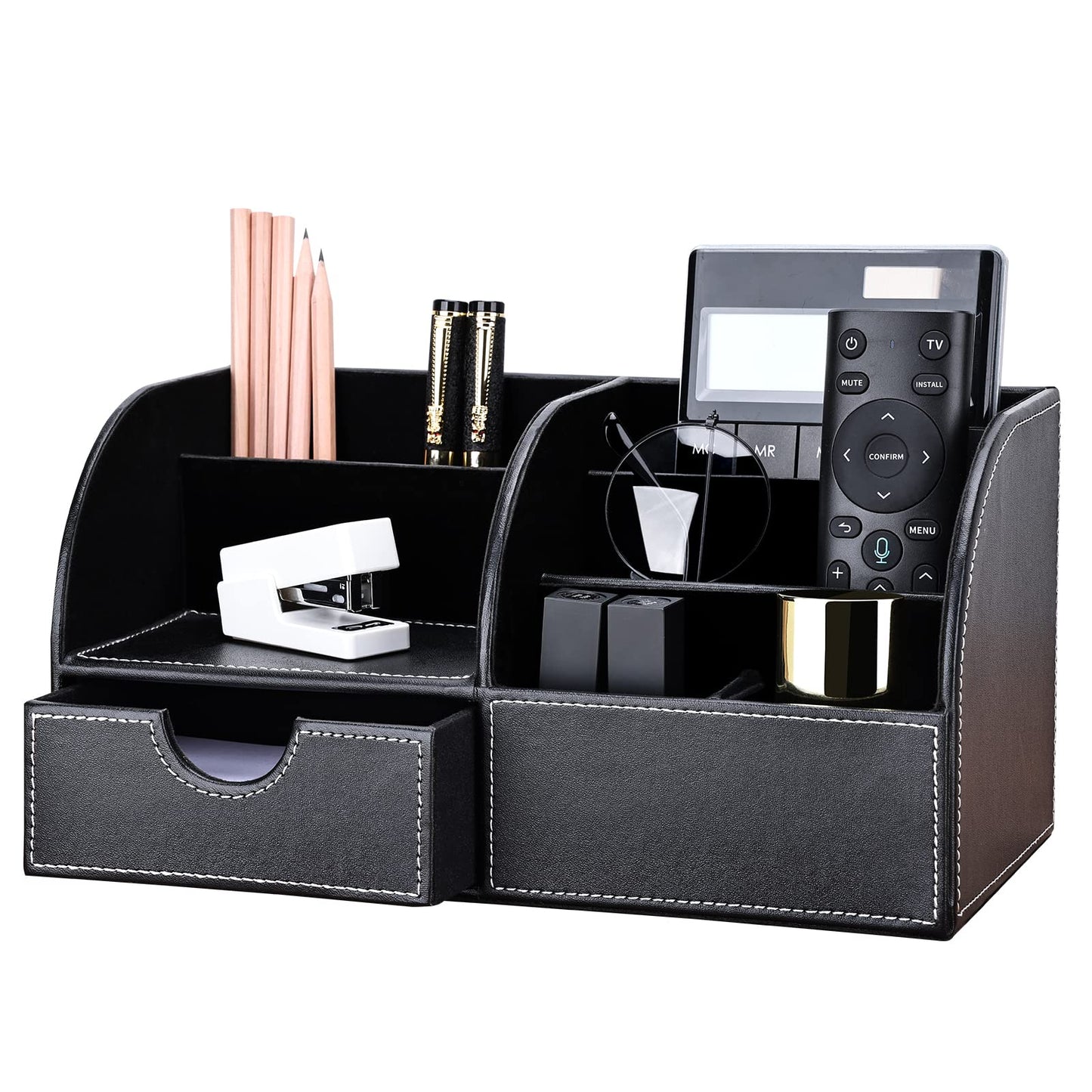 Black PU Leather Desk Organizer with 6 Compartments