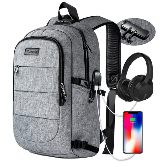 Unisex Grey Water-Resistant Laptop Backpack with USB Lock