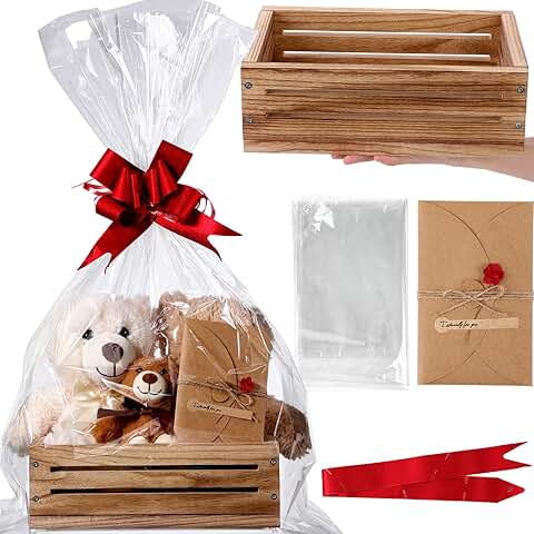 Small wooden gift basket with ribbon and card