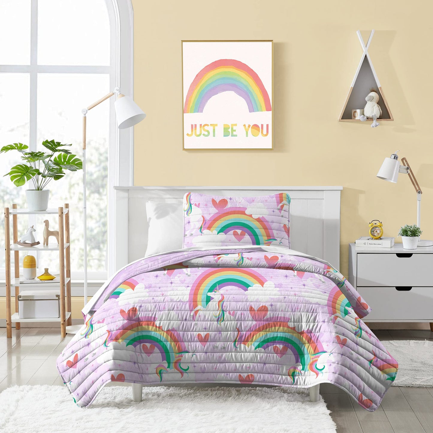 Kids Reversible Quilt Set Soft Microfiber Lightweight Bedspread Coverlet Bed Blanket, Full, Purple Unicorn Rainbow