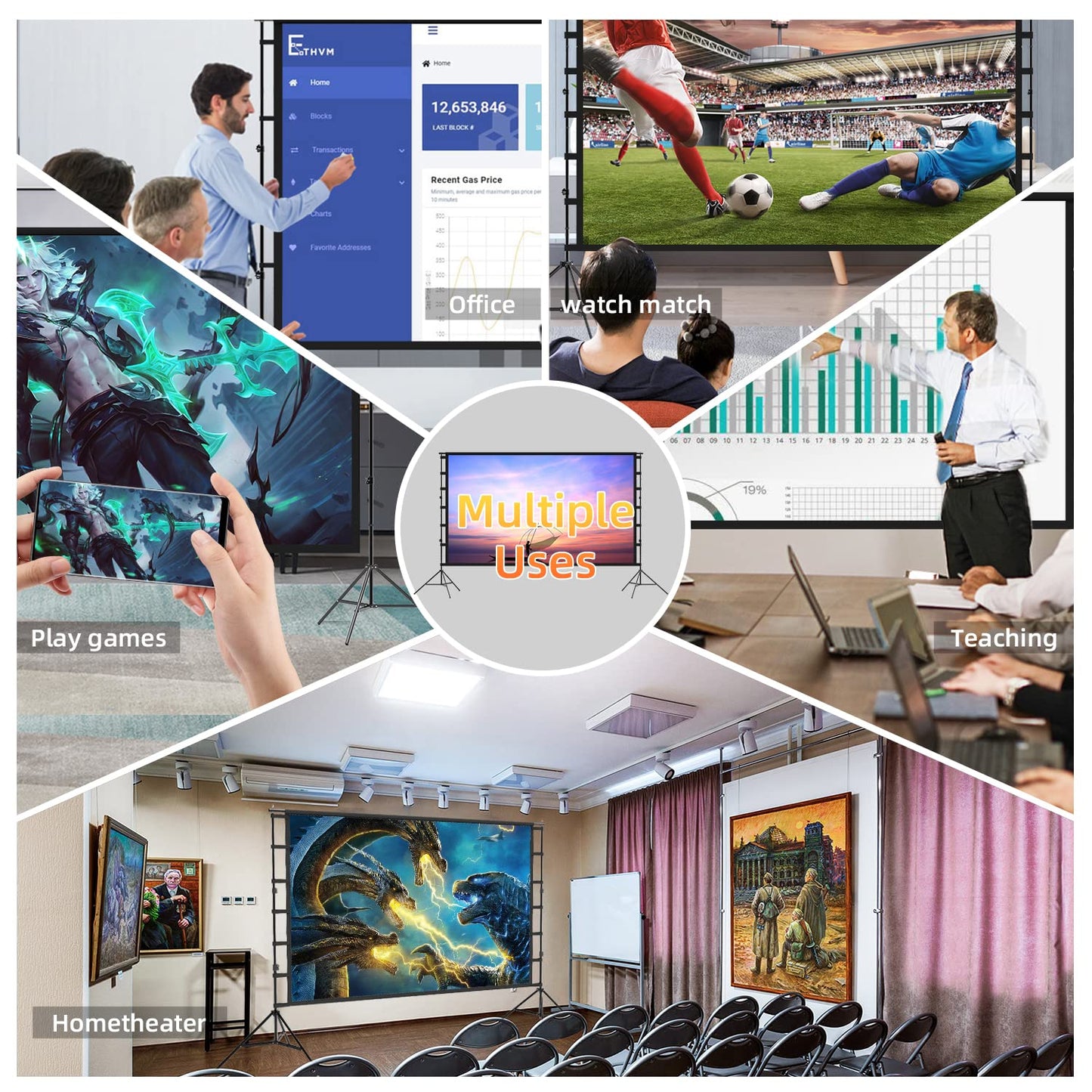 Projector Screen with Stand,150inch Indoor Outdoor Movie Projection Screen 4K HD 16: 9 Wrinkle-Free Design for Backyard Movie Night(Easy to Clean, 1.1Gain, 160 Viewing Angle & A Carry Bag)