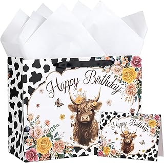 13-inch Cow Birthday Gift Bags with Tissue and Card