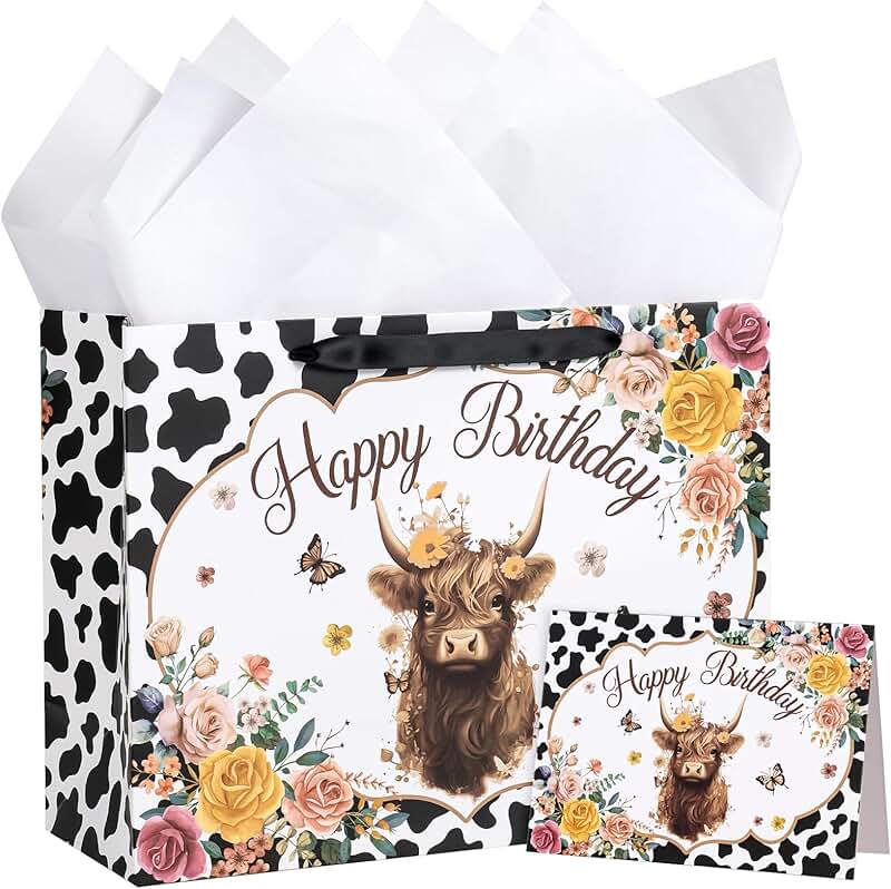 13-inch Cow Birthday Gift Bags with Tissue and Card