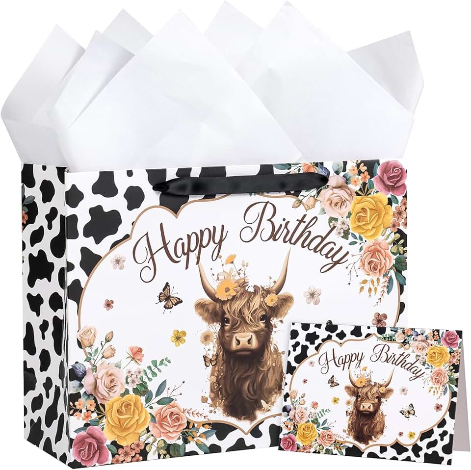 13-inch Cow Birthday Gift Bags with Tissue and Card