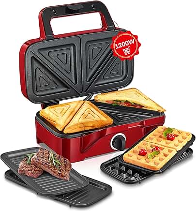 3-in-1 Sandwich and Waffle Maker with Removable Plates