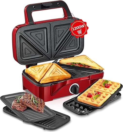 3-in-1 Sandwich and Waffle Maker with Removable Plates