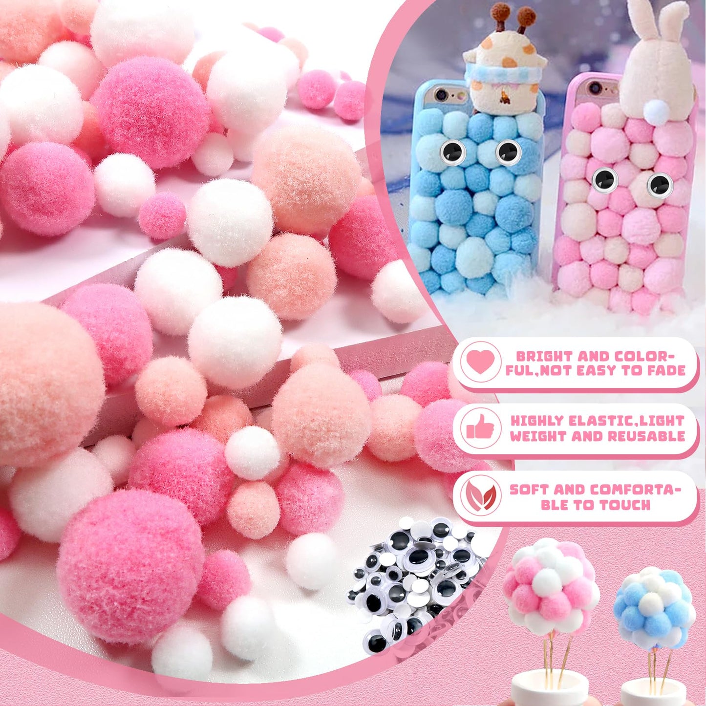 1300pcs White Pink Assorted Pompoms with Wiggle Eyes