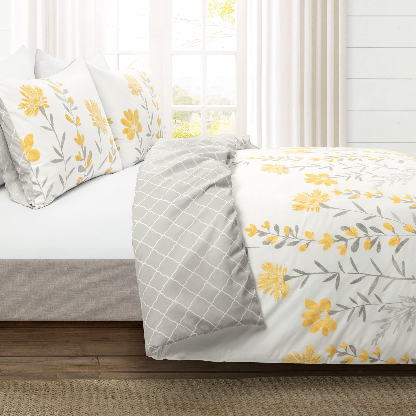 Aprile Reversible Cotton 3 Piece Duvet Cover Set, King, Yellow  Gray