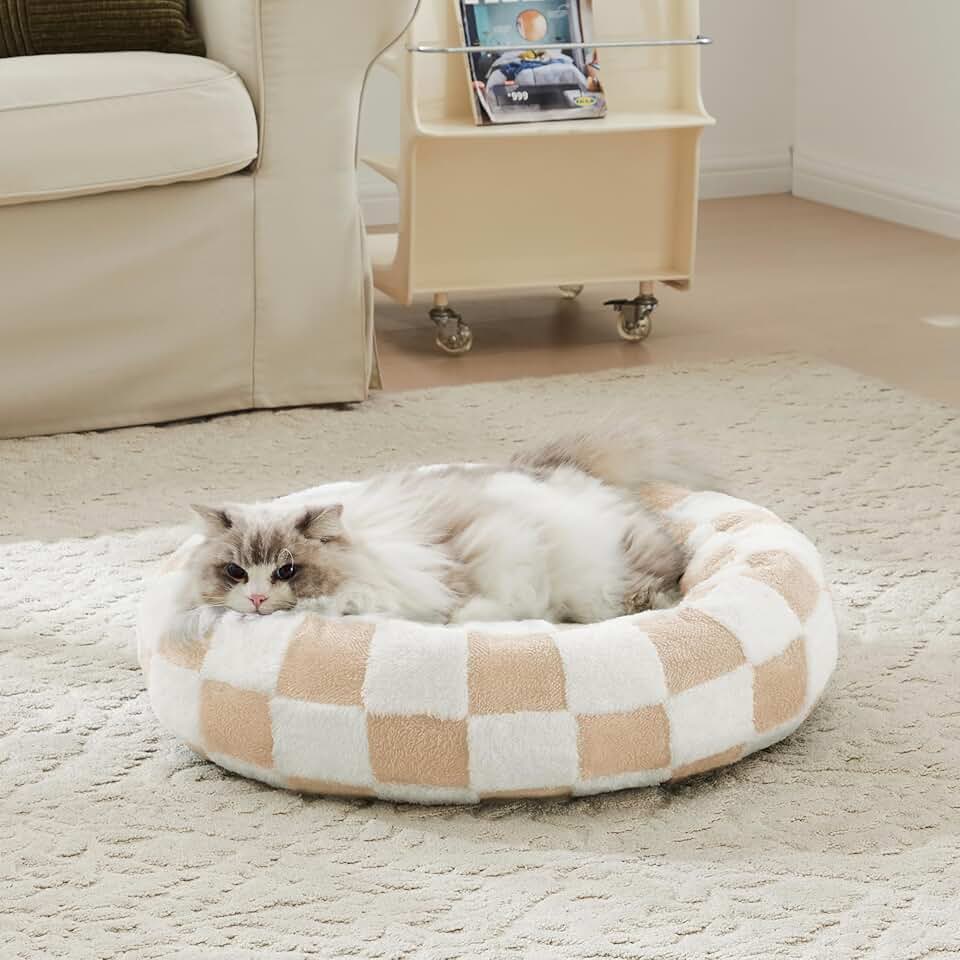 Checkered Round Cat and Dog Bed for Small Pets